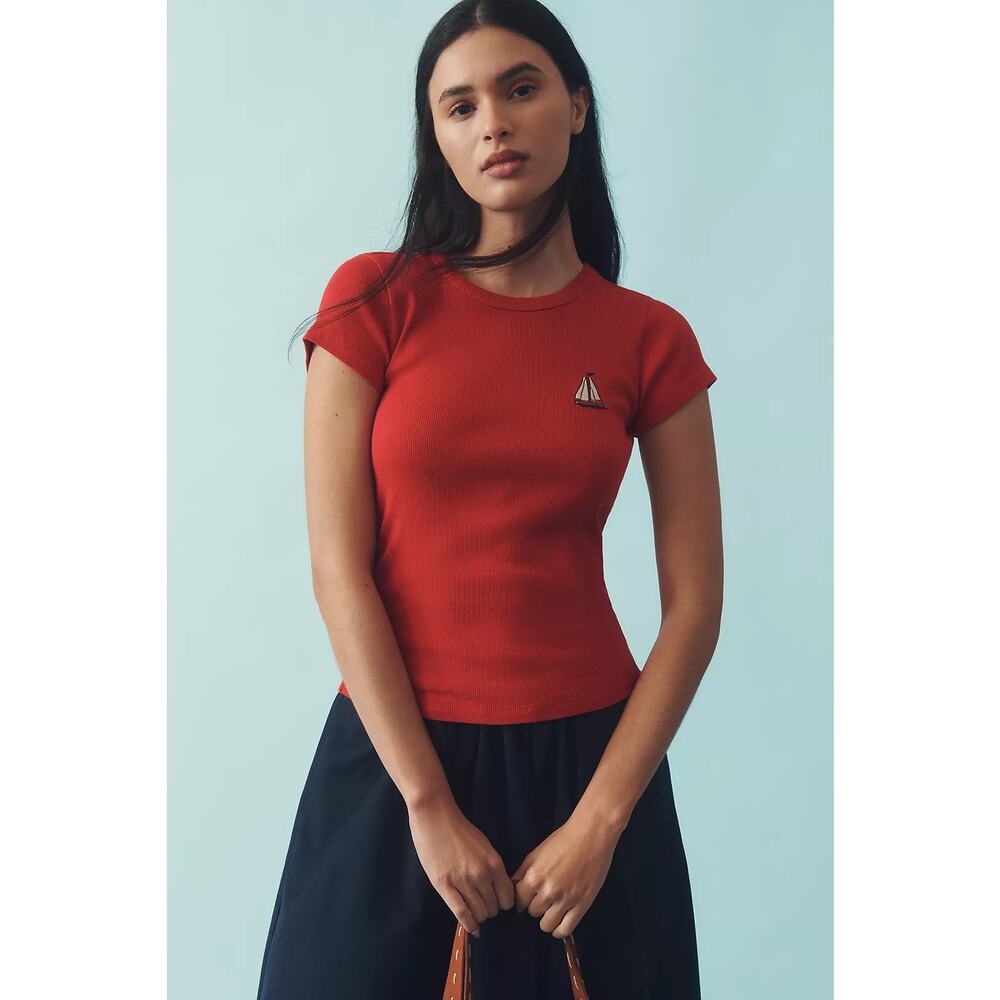 Anthropologie Maeve Embroidered Baby T-Shirt Sailboat Red Size L